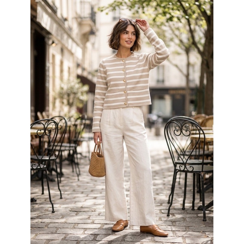 Abercrombie & Fitch Emilie Striped Lady Cardigan Tan White Gold Button Sweater M